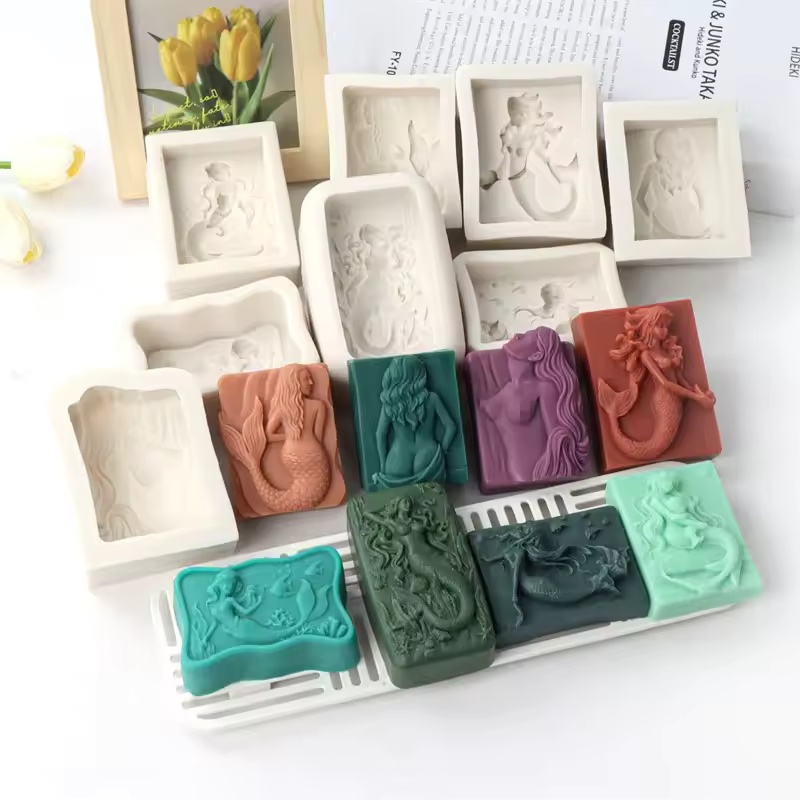 Candle Making Business - Rechteckige 3D-Meerjungfrauen-Kerzenform im Ozean-Stil, DIY Relief-Meerjungfrauen-Seifenform